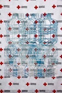 After Superstorm Sandy, Saucedo used aid materials from the Red Cross to create Red Cross Blanket (Family Portrait as Water).